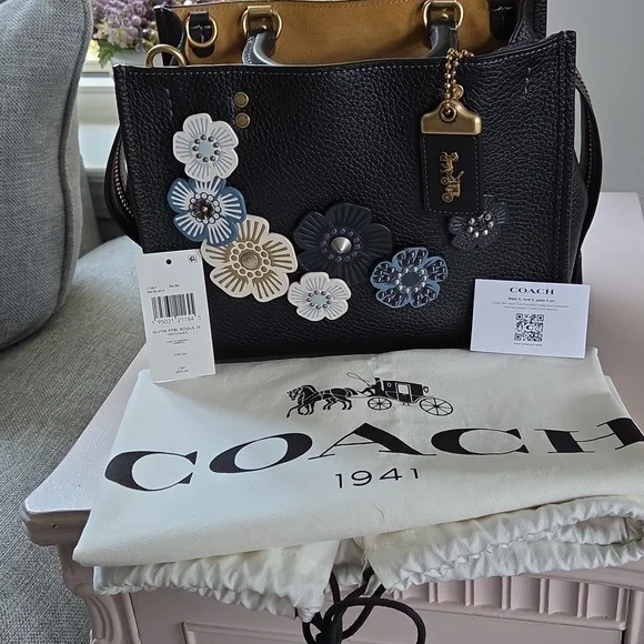 COACH Rogue 25 Black Tea Rose Leather Crossbody Bag - Picture 2 of 16